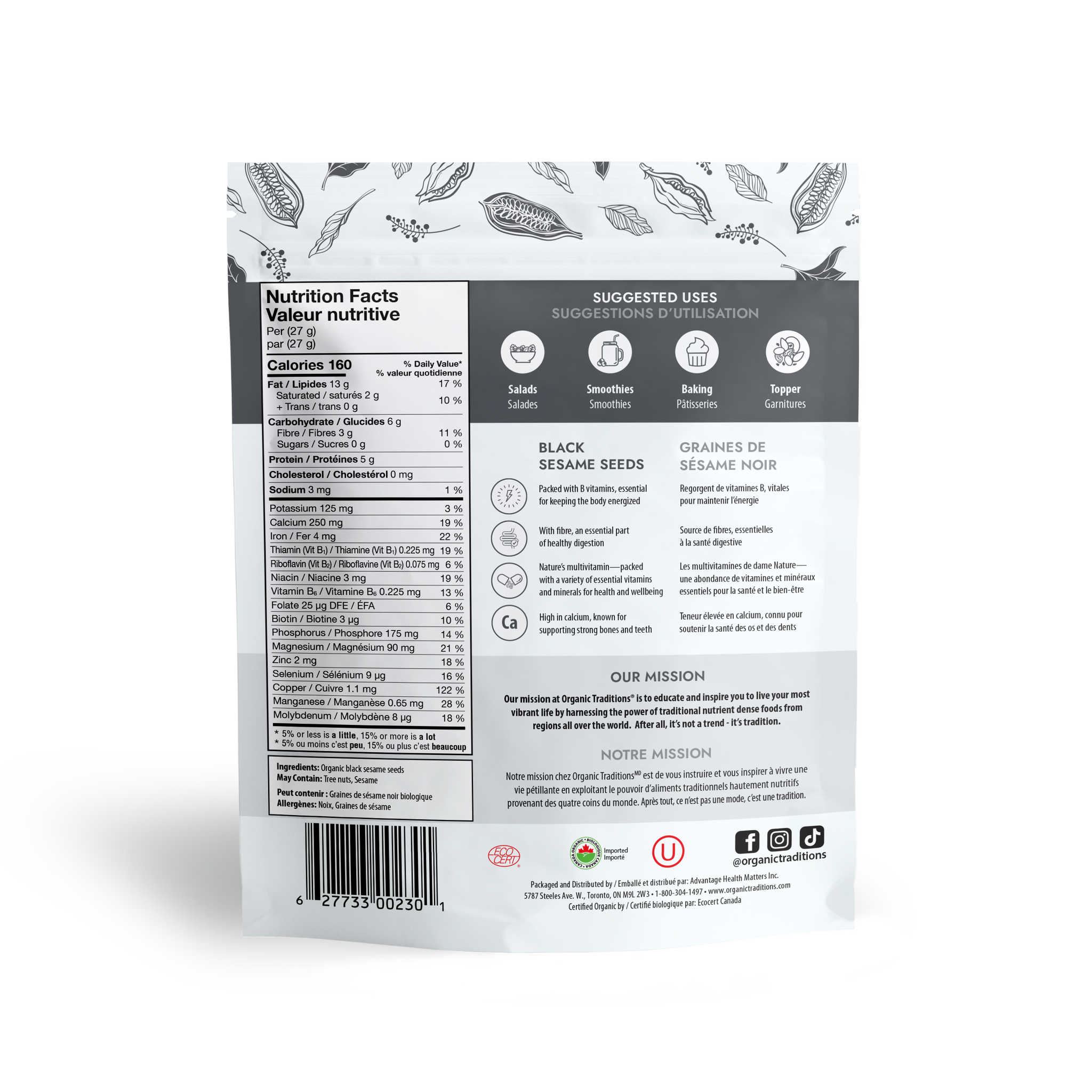 organic traditions black sesame seeds 227g back of bag image
