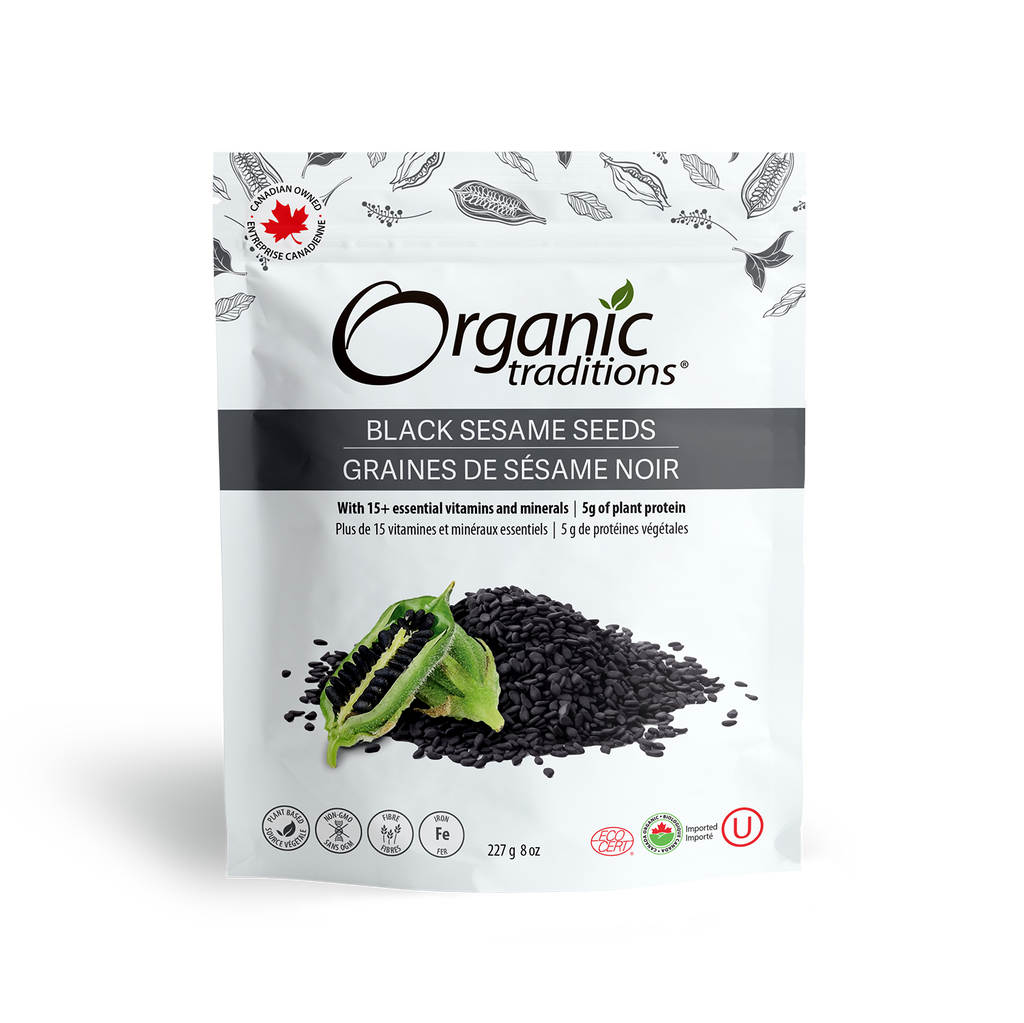 organic traditions black sesame seeds 227g front of bag image