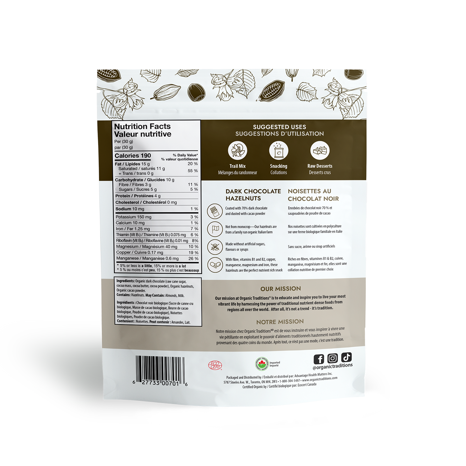 organic traditions dark chocolate hazelnuts back of bag image