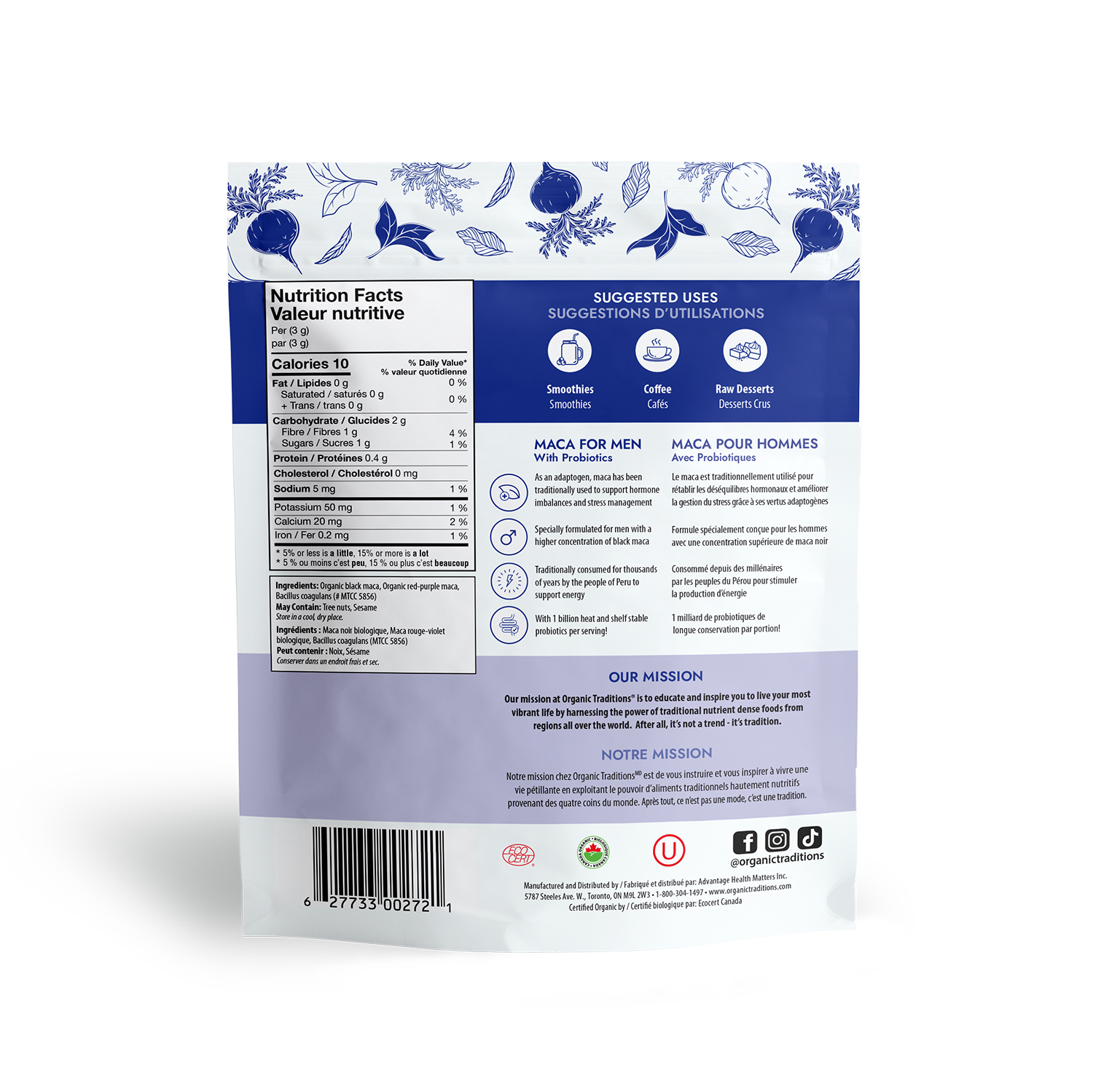 organic traditions maca for men with probiotics back of bag image