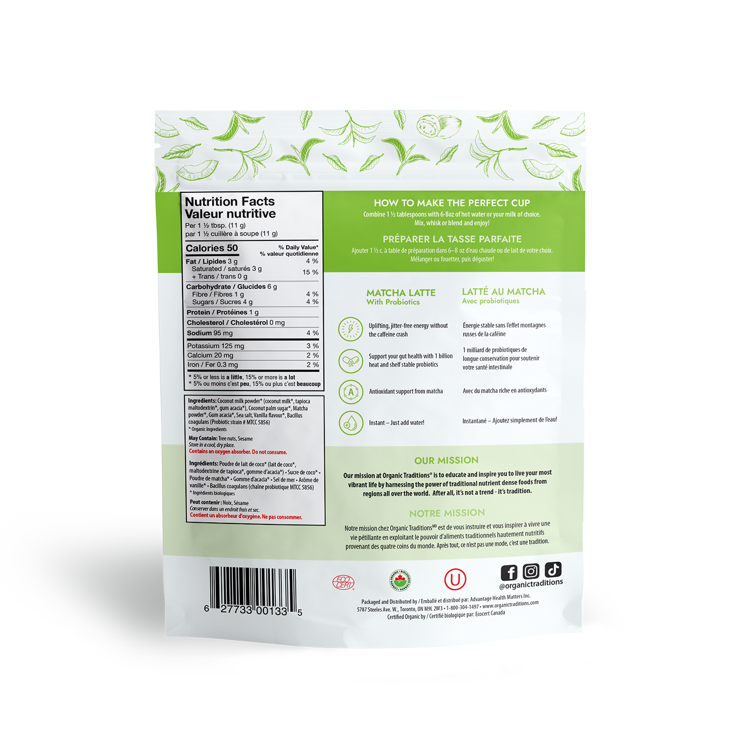 organic traditions matcha latte with probiotics back of bag image