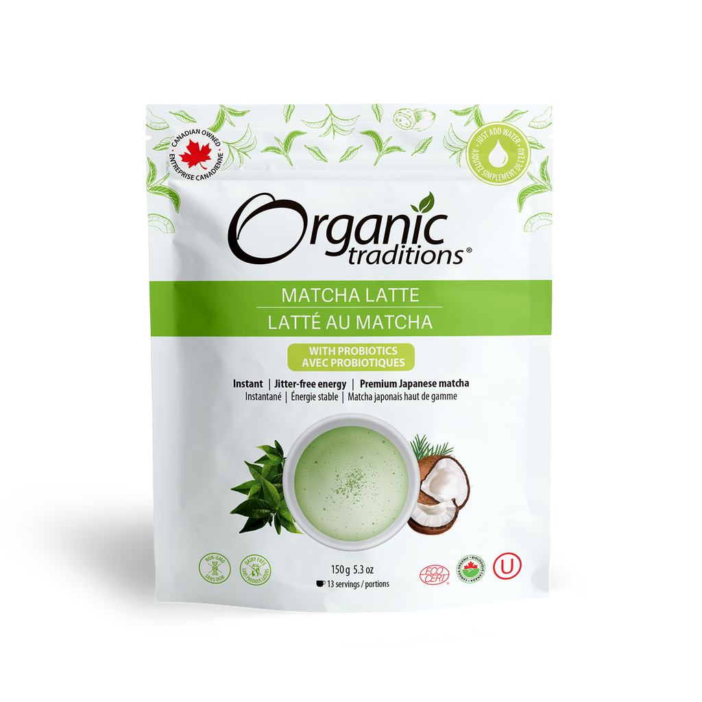 organic traditions matcha latte with probiotics front of bag image