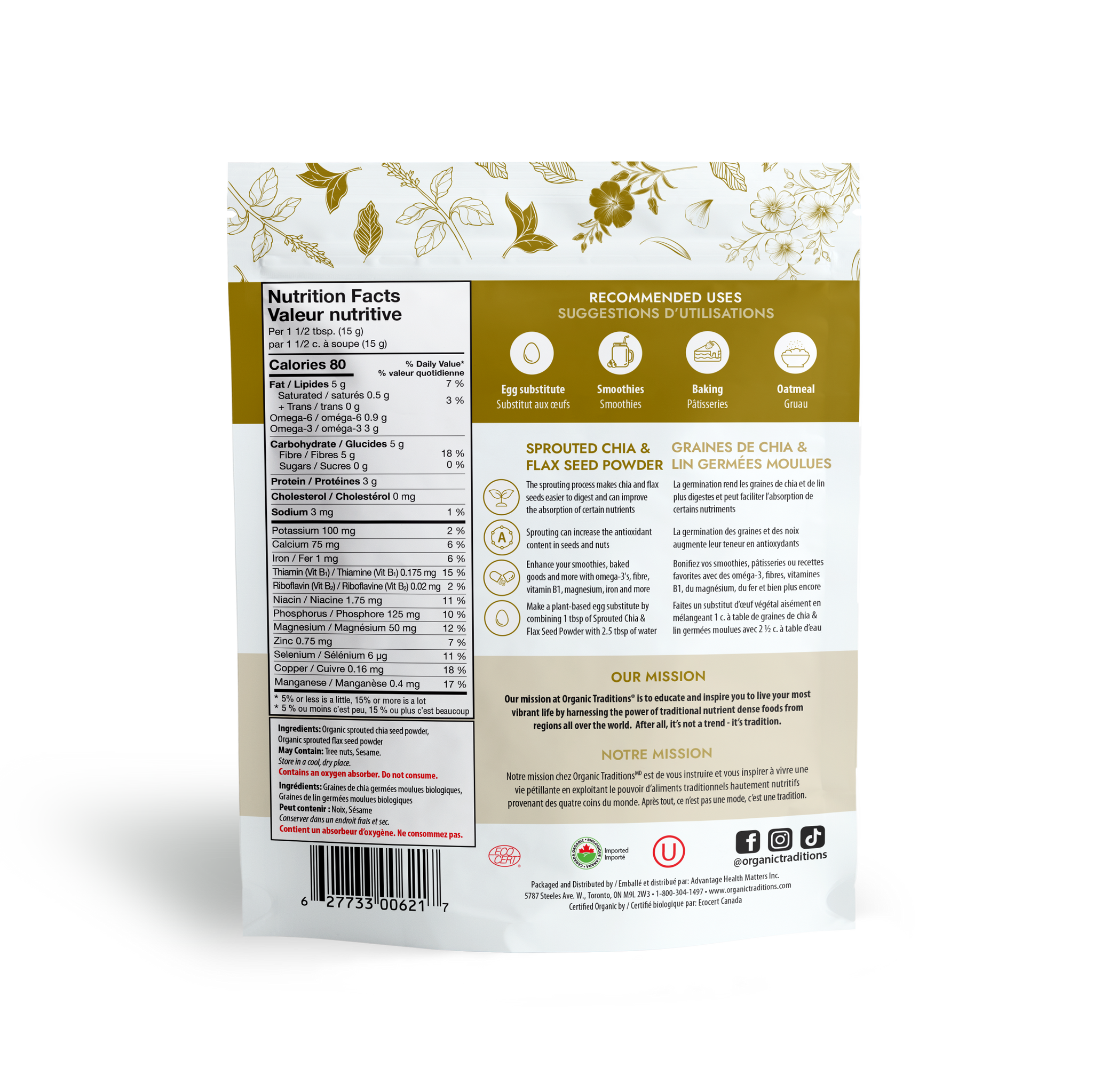 organic traditions sprouted chia flax powder back of bag image