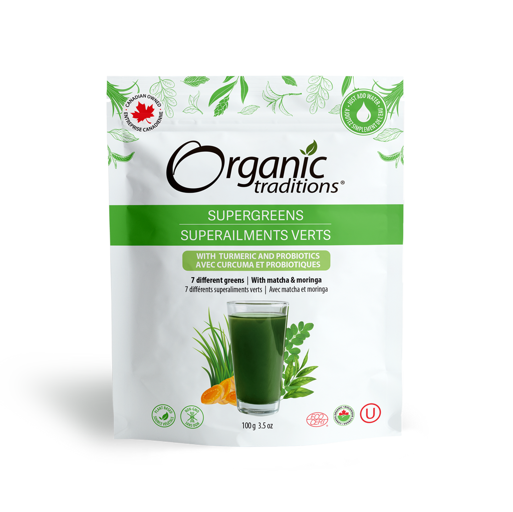 organic traditions supergreens with turmeric and probiotics front of bag image