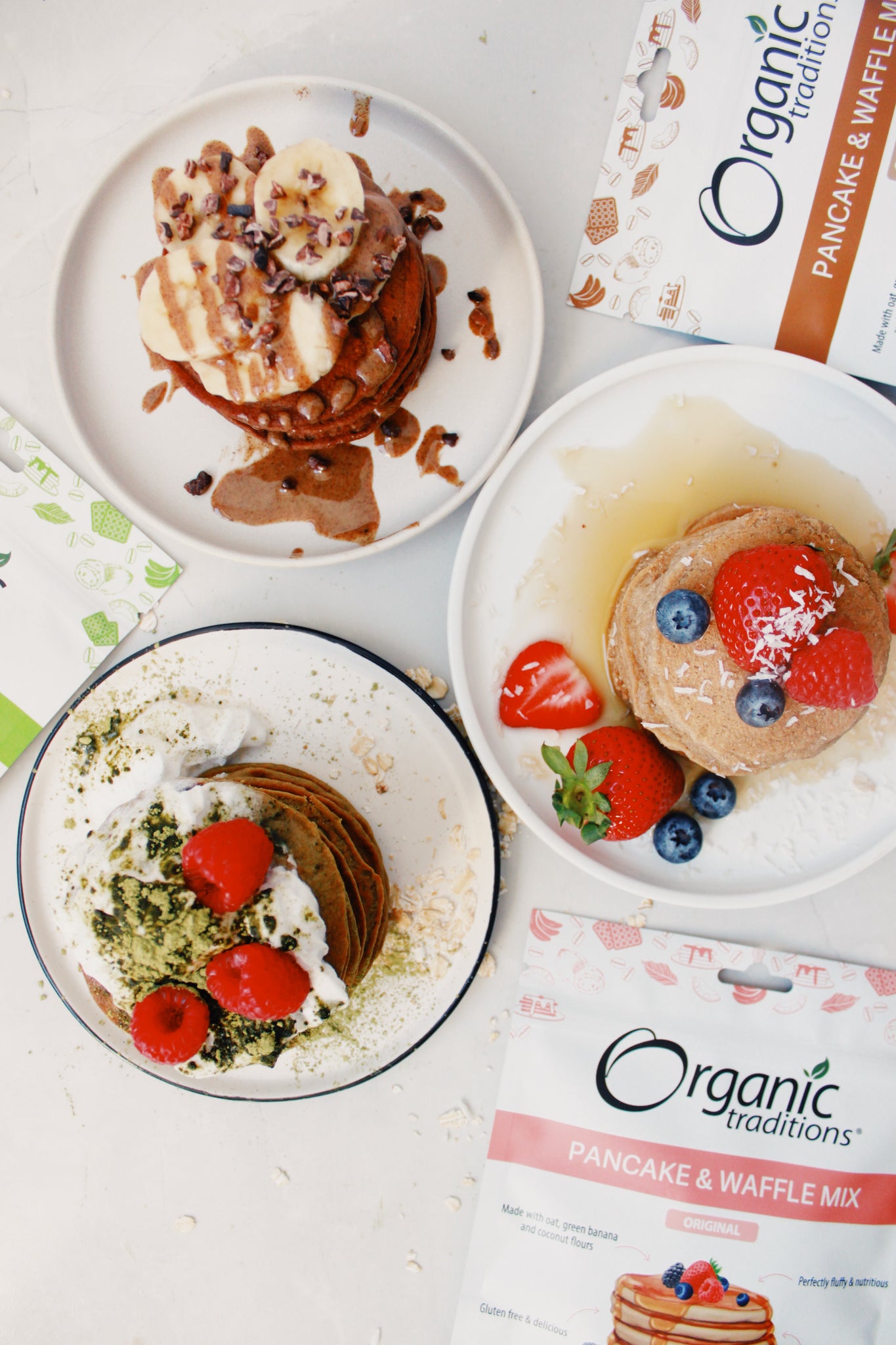 organic traditions chocolate, matcha and original pancakes
