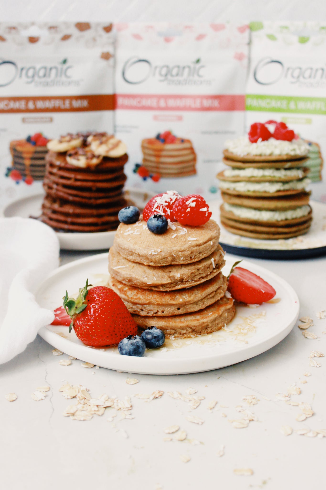 organic traditions original, chocolate and matcha pancakes